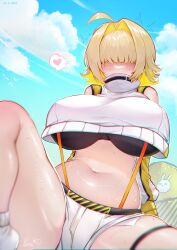 Rule 34 | 1girl, :3, absurdres, ahoge, ass, blonde hair, blush, breasts, clothing cutout, cropped jacket, curvy, day, elegg (nikke), goddess of victory: nikke, hair intakes, hair over eyes, heart, highres, huge breasts, jacket, large breasts, long bangs, long sleeves, micro shorts, multicolored hair, navel, outdoors, plump, pumiss, shiny skin, short hair, short shorts, shorts, shoulder cutout, sitting, smile, solo, spoken heart, sweat, sweatdrop, thigh strap, white jacket, wide hips