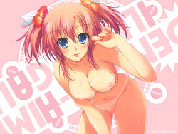 Rule 34 | :p, blue eyes, blush, breast press, breasts, cleavage, flower, hair flower, hair ornament, large breasts, leaning forward, nipples, nude, pink hair, pussy, short twintails, smile, solo, sweat, tan, tanline, third-party edit, tomose shunsaku, tongue, tongue out, twintails, uncensored, water