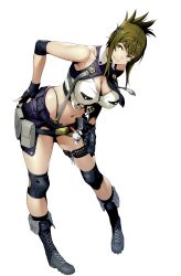 Rule 34 | 1girl, absurdres, black gloves, boots, breast pocket, breasts, cleavage, fingerless gloves, full body, gloves, green eyes, green hair, gun, hand on own hip, handgun, highres, holster, charm (object), kisaragi chitose, knee pads, large breasts, leaning forward, long hair, midriff, official art, pigeon-toed, pistol, pocket, simple background, sleeveless, smile, solo, standing, super robot wars, super robot wars v, thigh strap, watanabe wataru (character designer), weapon, white background, zipper