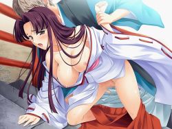 Rule 34 | 1boy, 1girl, all fours, breasts, censored, fingering, japanese clothes, kimono, miko, no bra, open clothes, pussy juice