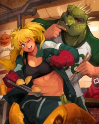 Rule 34 | 1girl, 2boys, absurdres, blonde hair, breasts, caiman (dorohedoro), cleavage, collarbone, commentary, cosplay, crossover, dorohedoro, dumpling, eating, english commentary, food, furry, furry male, gym uniform, halloween, halloween costume, highres, hood, hoodie, jacket, jiaozi, khyle., lizardman, long hair, long sleeves, mask, medium breasts, multiple boys, navel, nikaidou (dorohedoro), one eye closed, open clothes, open jacket, oven mitts, pants, pink hoodie, ponytail, smile, sports bra, sportswear, squid game, tongs, track jacket, track pants, track suit, worker (squid game)
