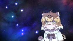 Rule 34 | 10s, 1girl, :&lt;, animal ears, big dipper, black bow, black bowtie, blonde hair, bow, bowtie, commentary request, constellation, fur collar, jaguar (kemono friends), jaguar ears, kemono friends, meme, miyase (artist115091), paw pose, short hair, solo, space, space cat (meme), star (sky), star (symbol), starry background, upper body, wide-eyed, yellow eyes