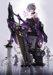 Rule 34 | 1girl, armor, bare shoulders, bishop (chess), black skirt, boots, chainsaw, chess piece, circle name, collar, crystal, elbow gloves, expressionless, flower, frilled collar, frills, full body, gauntlets, gloves, greaves, hair between eyes, hair flower, hair ornament, headgear, high heel boots, high heels, highres, holding, holding weapon, jacket, unworn jacket, knight (chess), lace, lace-trimmed gloves, lace trim, layered skirt, light rays, looking at viewer, mecha musume, original, pawn (chess), purple flower, purple ribbon, purple rose, purple thighhighs, ribbon, rose, short hair, silver hair, sitting, skirt, solo, t-track, thighhighs, weapon