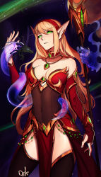 Rule 34 | 1girl, bare shoulders, black thighhighs, blonde hair, blood elf (warcraft), breasts, brown dress, colored sclera, creature, distr, dress, green eyes, green sclera, highres, jewelry, large breasts, long eyebrows, long hair, looking at viewer, mana wyrm, necklace, no panties, parted lips, pelvic curtain, pointy ears, solo, staff, thighhighs, very long hair, warcraft, world of warcraft