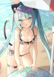 Rule 34 | 1girl, :o, animal ear fluff, animal ears, beach, beach umbrella, bikini, blue eyes, blue hair, blue nails, breasts, cat ears, cat girl, cat tail, collarbone, commentary request, day, fang, front-tie bikini top, front-tie top, grey bikini, hair between eyes, highres, innertube, jewelry, long hair, looking at viewer, nail polish, navel, necklace, original, outdoors, parted lips, pearl necklace, pendant, plaid, plaid bikini, saeki sora, sand, small breasts, solo, swim ring, swimsuit, tail, tail raised, transparent, twintails, umbrella, very long hair, water