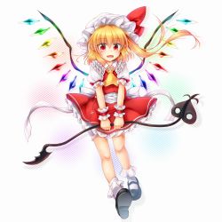 Rule 34 | 1girl, ascot, blonde hair, commentary request, fang, flandre scarlet, full body, hat, highres, laevatein, long hair, looking at viewer, marukyuu ameya, open mouth, red eyes, red skirt, side ponytail, skirt, solo, touhou, white background, wings, wrist cuffs, yellow ascot