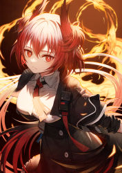 Rule 34 | 1girl, animal ears, arknights, bird ears, black jacket, black skirt, breasts, bright pupils, collared shirt, cowboy shot, fiammetta (arknights), fire, frown, hair between eyes, highres, jacket, looking at viewer, medium breasts, open clothes, open jacket, originium arts (arknights), red eyes, red hair, shirt, sho (sumika), skirt, sleeves past elbows, solo, walkie-talkie, white pupils, white shirt