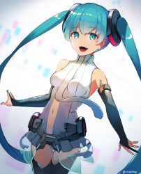 Rule 34 | 1girl, aqua eyes, aqua hair, aqua nails, bare shoulders, belt, black gloves, black thighhighs, bridal gauntlets, clothing cutout, cosmo (bousoup), cowboy shot, detached sleeves, elbow gloves, gloves, hair ornament, hatsune miku, hatsune miku (append), highres, long hair, looking at viewer, nail polish, navel, open mouth, shirt, shoulder tattoo, sleeveless, sleeveless shirt, smile, solo, stomach cutout, tattoo, thighhighs, twintails, twitter username, utility belt, very long hair, vignetting, vocaloid, vocaloid append, white shirt