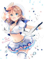 Rule 34 | 1girl, :d, animal, arm up, beret, bird, blue eyes, blue sailor collar, breasts, brown hair, bubble, cleavage, commentary request, cowboy shot, crop top, earrings, frills, hat, highres, jewelry, layered skirt, looking at viewer, love live!, love live! school idol festival, love live! sunshine!!, medium breasts, midriff, miniskirt, navel, necklace, open mouth, peke (xoxopeke), sailor collar, shirt, short hair, short sleeves, skirt, smile, solo, sparkle, stomach, thighhighs, twitter username, watanabe you, white hat, white shirt, white skirt, white thighhighs, wrist cuffs, zettai ryouiki