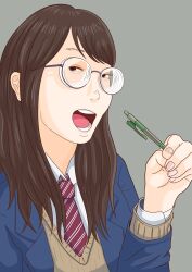 Rule 34 | 1girl, black eyes, blazer, blue jacket, blue skirt, brown hair, brown sweater, collared shirt, commentary, diagonal-striped clothes, diagonal-striped necktie, fingernails, glasses, grey-framed eyewear, grey background, hair over shoulder, highres, holding, holding pen, jacket, jimiko, lapels, layered clothes, long hair, long sleeves, looking at viewer, looking to the side, necktie, notched lapels, open clothes, open jacket, open mouth, original, pen, red necktie, richicaism, round eyewear, school uniform, shirt, sideways glance, simple background, skirt, striped clothes, sweater, sweater vest, swept bangs, teeth, two-tone necktie, upper body, v-neck, white necktie, white shirt