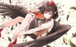 1girl ankle_socks bad_link black_hair black_ribbon black_skirt black_wings closed_mouth flying foot_out_of_frame frilled_skirt frilled_socks frills geta hat hauchiwa hisona_(suaritesumi) holding leaf_print light_smile looking_at_viewer neck_ribbon orange_eyes pointy_ears pom_pom_(clothes) red_footwear ribbon ribbon-trimmed_skirt ribbon_trim shameimaru_aya shirt short_hair short_sleeves skirt socks solo tengu-geta tokin_hat touhou uneven_eyes white_shirt white_socks wings