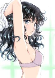Rule 34 | 1girl, amagami, armpits, black hair, blue eyes, bra, breasts, clenched teeth, hands up, highres, long hair, looking at viewer, looking to the side, messy hair, profile, sideways mouth, small breasts, solo, tanamachi kaoru, teeth, teiemon, underwear, undressing, upper body, wavy hair, white bra