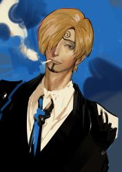 Rule 34 | 1boy, absurdres, beard, blonde hair, blue eyes, facial hair, formal, highres, lips, looking at another, looking at viewer, one piece, realistic, rita ya, sanji (one piece), simple background, smoking, solo, standing, suit