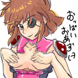 Rule 34 | 1girl, breasts, breasts apart, breasts out, brown eyes, brown hair, covering privates, covering breasts, eyepatch, facing viewer, head tilt, koutetsushin jeeg, looking at viewer, lowres, simple background, small breasts, solo, teasing, translation request, upper body, white background, yagyu mitsuko, yagyuu mitsuko
