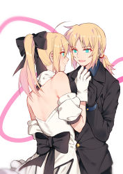 Rule 34 | 2girls, absurdres, ahoge, artoria pendragon (all), artoria pendragon (fate), back, black gloves, blonde hair, blush, detached collar, detached sleeves, dress, fate (series), formal, gloves, green eyes, hair ribbon, highres, holding hands, incest, looking at another, mordred (fate), mordred (fate/apocrypha), multiple girls, open mouth, ponytail, ribbon, saber (fate), saber lily, simple background, smile, suit, white dress, white gloves, yorukun, yuri