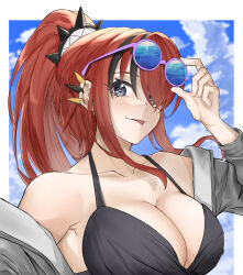 Rule 34 | 1girl, :p, adjusting eyewear, bare shoulders, bikini, black bikini, black hair, blue sky, breasts, cloud, commentary request, day, grey eyes, grey jacket, hair over one eye, hand up, highres, isuka (isuka 83), jacket, lain paterson, large breasts, long hair, long sleeves, looking at viewer, multicolored hair, nijisanji, off shoulder, ponytail, red hair, sky, smile, solo, streaked hair, sunglasses, swimsuit, tongue, tongue out, upper body, virtual youtuber