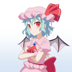 Rule 34 | 1girl, ascot, bat wings, blue background, blue hair, blush, brooch, cato (monocatienus), commentary request, crossed arms, dress, fang, fang out, frilled shirt collar, frills, gradient background, hair between eyes, hat, hat ribbon, jewelry, looking at viewer, mob cap, pink dress, pink hat, puffy short sleeves, puffy sleeves, red ascot, red eyes, red ribbon, red sash, remilia scarlet, ribbon, sash, short hair, short sleeves, sidelocks, slit pupils, smile, solo, touhou, upper body, white background, wings