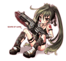 Rule 34 | 1girl, bandages, blood, blood on face, boots, brown eyes, chainsaw, fingerless gloves, gears, gears of war, gloves, green hair, gun, jewelry, lancer (gears of war), long hair, looking at viewer, mizunomoto, necklace, ponytail, shadow, simple background, sitting, skull, solo, tattoo, twintails, weapon, white background