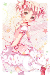 Rule 34 | 10s, 1girl, :3, :d, blush, creature, head tilt, highres, jewelry, kaname madoka, kyubey, looking at viewer, mahou shoujo madoka magica, mahou shoujo madoka magica (anime), open mouth, pink hair, pointy ears, puffy short sleeves, puffy sleeves, red eyes, ring, short sleeves, short twintails, smile, tottsuan, twintails, walking