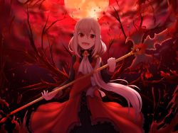 Rule 34 | 1girl, blood, fangs, full moon, long hair, looking at viewer, moon, okina (805197), open mouth, original, polearm, red eyes, solo, vampire, very long hair, weapon, white hair