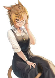 Rule 34 | 1girl, animal ears, apron, warrior of light (ff14), bad id, bad twitter id, black-framed eyewear, black apron, bracelet, braid, brown eyes, brown hair, collared shirt, commentary request, dress shirt, fang, final fantasy, final fantasy xiv, glasses, hair between eyes, hand up, jewelry, looking at viewer, midorikawa you, miqo&#039;te, parted lips, semi-rimless eyewear, shirt, short sleeves, simple background, sitting, smile, solo, tail, twin braids, under-rim eyewear, v-shaped eyebrows, white background, white shirt