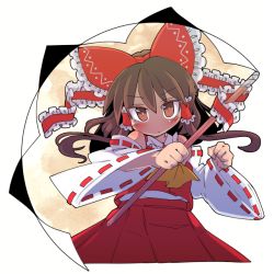 Rule 34 | 1girl, ascot, bow, brown eyes, brown hair, clenched hand, collared shirt, detached sleeves, frilled bow, frilled ribbon, frills, gohei, hair between eyes, hair bow, hair ribbon, hair tubes, hakurei reimu, ini (inunabe00), looking at viewer, red bow, red ribbon, red skirt, red vest, ribbon, shirt, sidelocks, skirt, solo, touhou, upper body, vest, white shirt, wide sleeves, yellow ascot