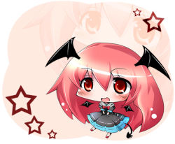 Rule 34 | 1girl, :d, bat wings, brush, chibi, demon tail, dress, female focus, head wings, koakuma, long hair, maitora, open mouth, red eyes, red hair, smile, solo, star (symbol), tail, embodiment of scarlet devil, touhou, v arms, wings, zoom layer
