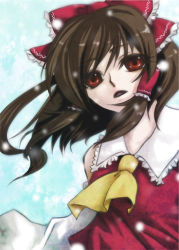 Rule 34 | 1girl, ascot, blouse, bow, breasts, brown hair, comiket 75, commentary request, detached sleeves, frilled bow, frilled hair tubes, frilled shirt collar, frills, hair between eyes, hair bow, hair tubes, hakurei reimu, long hair, looking at viewer, medium breasts, open mouth, red bow, red eyes, red shirt, shirt, sidelocks, sleeveless, sleeveless shirt, solo, takarai mitsu, touhou, upper body, yellow ascot