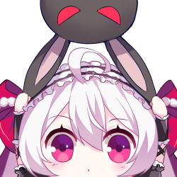Rule 34 | 1girl, :o, ahoge, arms up, bad id, bad pixiv id, blush, bow, chibi, commentary request, frilled hairband, frills, hair between eyes, hair bow, hairband, holding, holding stuffed toy, looking at viewer, lowres, niliu chahui, original, parted lips, puffy short sleeves, puffy sleeves, purple eyes, red bow, red eyes, short sleeves, sidelocks, silver hair, solo, stuffed animal, stuffed rabbit, stuffed toy, tokisaki mio (niliu chahui), white background