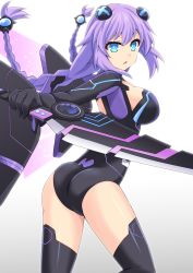 Rule 34 | 1girl, ass, blue eyes, bodysuit, boots, braid, breasts, commentary request, cross (crossryou), d-pad, d-pad hair ornament, floating hair, hair between eyes, hair ornament, highres, holding, holding sword, holding weapon, knee boots, looking at viewer, looking to the side, medium breasts, neptune (series), open mouth, power symbol, power symbol-shaped pupils, purple hair, purple heart (neptunia), simple background, solo, sword, symbol-shaped pupils, twin braids, weapon, white background, wings