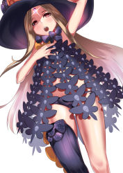 Rule 34 | 1girl, abigail williams (fate), abigail williams (second ascension) (fate), arm up, black bow, black hat, black panties, black thighhighs, blonde hair, blush, bow, brown eyes, commentary request, dutch angle, fate/grand order, fate (series), glowing, hat, keyhole, kurozawa yui, long hair, open mouth, orange bow, panties, parted bangs, polka dot, polka dot bow, revealing clothes, simple background, single thighhigh, skull print, solo, teeth, thighhighs, topless, underwear, upper teeth only, very long hair, white background, witch hat