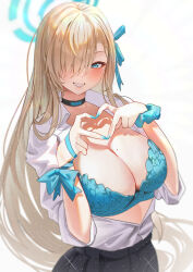 Rule 34 | 1girl, absurdres, aqua nails, asuna (blue archive), blue archive, blue eyes, blush, bow, bra, breasts, choker, cleavage, hair over one eye, halo, heart, heart hands, highres, lace, lace-trimmed bra, lace trim, large breasts, long hair, long sleeves, looking at viewer, mole, mole on breast, open clothes, open shirt, ribbon, school uniform, shirt, skirt, smile, solo, tansuan (ensj3875), underwear