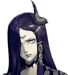 1girl blue_eyes eyeshadow hair_over_one_eye highres horns looking_at_viewer makeup metaphor:_refantazio official_art portrait purple_eyeshadow purple_hair simple_background single_horn soejima_shigenori solo transparent_background zorba_(metaphor:_refantazio)