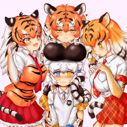 Rule 34 | 4girls, @ @, absurdres, anger vein, animal ear fluff, animal ears, animal print, black hair, blue eyes, blush, bow, breast pocket, breast rest, breasts, breasts on head, byakko (kemono friends), closed mouth, collared shirt, commentary request, elbow gloves, extra ears, fang, garter straps, gloves, grey hair, grey neckwear, hair bow, hakumaiya, half-closed eyes, hands on another&#039;s shoulders, hands up, heart, height difference, heterochromia, highres, japari symbol, kemono friends, long hair, long sleeves, looking at another, looking at viewer, low-tied long hair, multicolored hair, multiple girls, necktie, nose blush, open mouth, orange hair, pink background, plaid, plaid neckwear, plaid skirt, pocket, print gloves, print shirt, red neckwear, shirt, short hair, short sleeves, siberian tiger (kemono friends), sidelocks, skin fang, skirt, smile, sumatran tiger (kemono friends), sweater vest, tail, tearing up, thighhighs, tiger (kemono friends), tiger ears, tiger print, tiger tail, twintails, two-tone hair, v arms, white hair, white shirt, wing collar, yellow eyes, zettai ryouiki