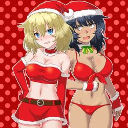 Rule 34 | 2girls, alternate costume, andou (girls und panzer), bare shoulders, bell, belt, beni (bluebluesky), bikini, black belt, black hair, blonde hair, blue eyes, blush, breasts, brown eyes, choker, cleavage, commentary, cowboy shot, dark-skinned female, dark skin, elbowing, front-tie bikini top, front-tie top, frown, fur-trimmed choker, fur-trimmed shirt, fur trim, girls und panzer, girls und panzer senshadou daisakusen!, gloves, grimace, half gloves, hand on own hip, hat, highres, holding, large breasts, looking at another, medium breasts, medium hair, messy hair, midriff, miniskirt, multiple girls, navel, neck bell, official alternate costume, open mouth, oshida (girls und panzer), polka dot, polka dot background, red background, red bikini, red choker, red shirt, red skirt, santa bikini, santa costume, santa gloves, santa hat, shirt, side-by-side, skindentation, skirt, standing, strapless, swimsuit, thigh gap, tube top, v-shaped eyebrows, white choker