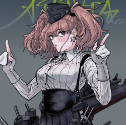 Rule 34 | atlanta (kancolle), bra visible through clothes, commentary request, dress shirt, earrings, garrison cap, gloves, hat, high-waist skirt, highres, jewelry, kantai collection, partially fingerless gloves, shirt, skirt, solo, star (symbol), star earrings, suspender skirt, suspenders, two side up, zippo teifujou
