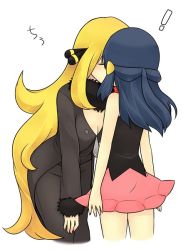 Rule 34 | !, 2girls, age difference, bare shoulders, blush, breasts, child, cleavage, closed eyes, creatures (company), cynthia (pokemon), dawn (pokemon), game freak, kiss, long hair, multiple girls, nintendo, onee-loli, pokemon, simple background, skirt, surprised, very long hair, yuri