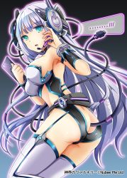 Rule 34 | 1girl, adjusting headset, android, ass, bare shoulders, breasts, butt crack, company name, green eyes, headset, large breasts, long hair, looking at viewer, parted lips, picpicgram, shinkai no valkyrie, sideboob, silver hair, solo, thighhighs, white thighhighs