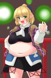Rule 34 | 1girl, alternate body size, black skirt, blonde hair, blush, breasts, brown background, commentary request, cowboy shot, fang, fat, green eyes, hair between eyes, highres, large breasts, looking at viewer, mizuhashi parsee, navel, nerizou, open clothes, open hand, open mouth, pointy ears, scarf, sidelocks, skirt, solo, thick thighs, thighs, touhou