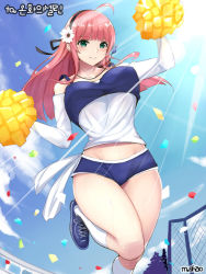 Rule 34 | 00s, 1girl, ahoge, blue eyes, blunt bangs, blush, breasts, cheerleader, confetti, day, detached sleeves, dungeon and fighter, flower, groin, hair flower, hair ornament, hairband, jewelry, knight (dungeon and fighter), korean text, large breasts, long hair, looking at viewer, necklace, outdoors, pink hair, pom pom (cheerleading), shaojiang, short shorts, shorts, sidelocks, smile, socks, solo, sunlight, white socks