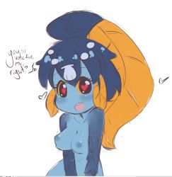 Rule 34 | 1girl, alternate breast size, bad id, bad tumblr id, blue skin, blunt bangs, breasts, colored sclera, colored skin, dark nipples, english text, fins, fish girl, fourth wall, hair ornament, heart, heart-shaped pupils, large breasts, loliswitch, looking at viewer, minette (skullgirls), monster girl, nipples, nude, red eyes, rollingswitch, scales, shell, sketch, skullgirls, solo, symbol-shaped pupils, yellow sclera