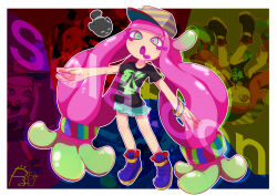 Rule 34 | 1girl, absurdres, afuron, arm up, bangle, baseball cap, black shirt, blue footwear, blunt bangs, boots, border, bracelet, character signature, copyright name, drooling, english text, female focus, fish, flat chest, full body, green eyes, green skirt, hair tie, harmony&#039;s clownfish (splatoon), harmony (splatoon), hat, highres, jewelry, legs, long hair, looking at viewer, low-tied long hair, miniskirt, multicolored background, multiple views, nintendo, open mouth, outline, outside border, outstretched arm, pink pupils, pleated skirt, shirt, short sleeves, sidelocks, signature, skirt, splatoon (series), splatoon 3, standing, striped clothes, striped headwear, tentacle hair, tentacles, very long hair, white border, white outline, yellow headwear