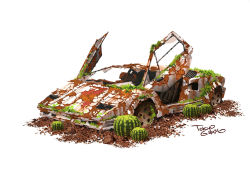 Rule 34 | broken glass, cactus, car, circle name, commentary request, dirt, glass, grass, huge filesize, lamborghini, motor vehicle, no humans, open door, original, post-apocalypse, ruins, rust, simple background, tokyogenso, vehicle focus, white background, wreckage