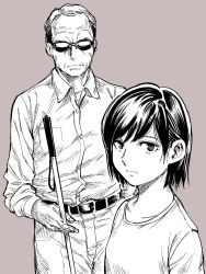 Rule 34 | 1boy, 1girl, belt, blind, breasts, brown background, cane, expressionless, frown, greyscale, hiro (chumo), monochrome, old, old man, original, small breasts, sunglasses, white cane
