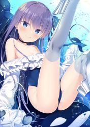Rule 34 | 1girl, :q, air bubble, animal, ass, bare shoulders, blue eyes, blue one-piece swimsuit, breasts, bubble, choker, cleavage, closed mouth, collarbone, commentary request, fate/grand order, fate (series), fish, freediving, head tilt, highres, knees up, leg up, long hair, looking at viewer, medium breasts, meltryllis, meltryllis (fate), meltryllis (swimsuit lancer) (fate), meltryllis (swimsuit lancer) (second ascension) (fate), off-shoulder one-piece swimsuit, off shoulder, one-piece swimsuit, orca, purple hair, school of fish, smile, solo, swimsuit, thighhighs, thighs, tomoo (tomo), tongue, tongue out, underwater, very long hair, water