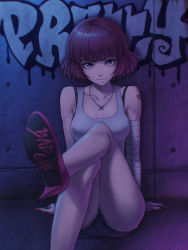 Rule 34 | 1girl, arm support, arm wrap, bad id, bad pixiv id, blue shorts, breasts, brown hair, closed mouth, commentary, cutoffs, denim, denim shorts, graffiti, heart, heart tattoo, highres, jewelry, looking at another, medium breasts, nail polish, necklace, night, original, red nails, shirt, short hair, shorts, shoulder tattoo, sitting, skull and crossbones, skull necklace, solo, tank top, tattoo, umigraphics, white shirt