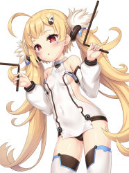 Rule 34 | 1girl, :o, ahoge, azur lane, bare shoulders, blonde hair, blush, breasts, commentary request, covered navel, cowboy shot, detached sleeves, dowsing rod, eldridge (azur lane), facial mark, hair ornament, hairclip, highres, holding, long hair, looking at viewer, red eyes, sideboob, sidelocks, simple background, skindentation, small breasts, solo, standing, thighhighs, twintails, very long hair, white background, white sleeves, white thighhighs, yamasan