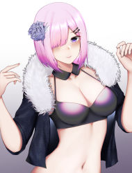 Rule 34 | 1girl, alternate costume, black camisole, black jacket, blunt bangs, blush, breasts, camisole, cleavage, collarbone, commentary, crop top, cropped jacket, detached collar, english commentary, fate/grand order, fate (series), flower, fur-trimmed jacket, fur trim, gradient background, hair flower, hair ornament, hair over one eye, hairclip, highres, jacket, kitsune udon (ai br), large breasts, looking at viewer, mash kyrielight, midriff, navel, pink hair, purple eyes, short hair, sidelocks, simple background, smile, solo, standing, upper body, white background