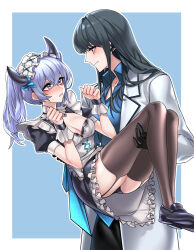 Rule 34 | 2girls, apron, black dress, black footwear, black gloves, black hair, black panties, black thighhighs, blue background, blue bow, blue eyes, blue ribbon, blue shirt, blush, bow, breasts, carrying, cleavage, closed mouth, coat, commentary request, commission, dogs (dlrkdejr26), dress, earpiece, fake horns, female professor (neural cloud), girls&#039; frontline, girls&#039; frontline neural cloud, gloves, hands up, highres, horns, inset border, korean commentary, lab coat, long hair, looking at another, maid headdress, multiple girls, official alternate costume, open mouth, panties, princess carry, professor (neural cloud), purple eyes, purple hair, ribbon, shirt, shoes, simple background, sweatdrop, thighhighs, twintails, two-tone background, underwear, undine (clumsy band&#039;s maid service) (neural cloud), undine (neural cloud), white apron, white background, white coat, white headdress, wrist cuffs