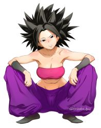 Rule 34 | 10s, 1girl, armpits, artist name, baggy pants, bandeau, bare shoulders, black eyes, black hair, bobobo, breasts, cameltoe, caulifla, cleavage, clenched teeth, covered erect nipples, dragon ball, dragon ball super, full body, head tilt, medium breasts, midriff, narrow waist, navel, pants, pink bandeau, pointy footwear, simple background, skindentation, sleeveless, solo, spiked hair, spread legs, strapless, teeth, tomboy, tube top, vambraces, white background